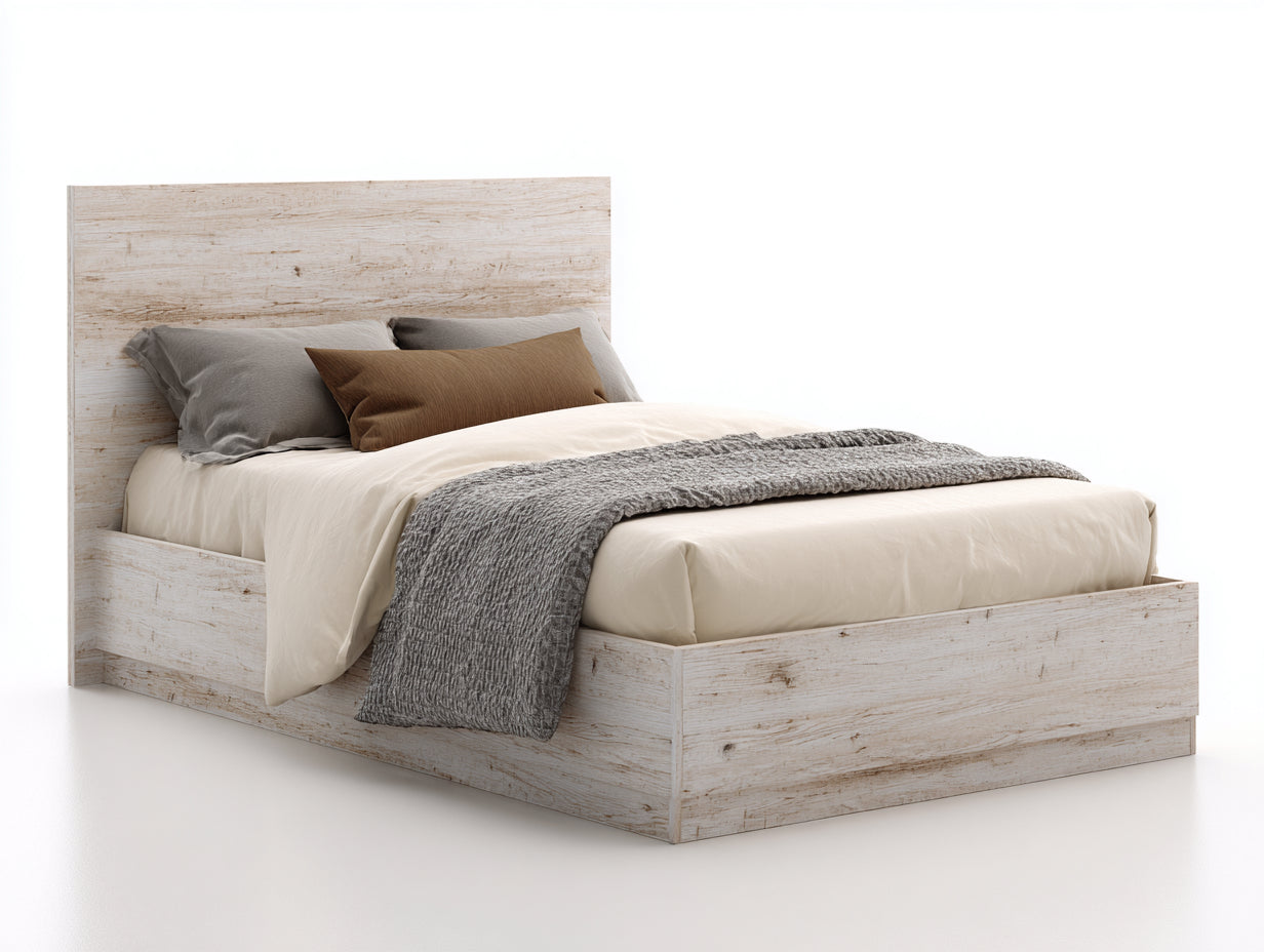 Lit simple en bois d'ingénierie 200x100x110 cm - blanc vieilli - tête de lit haute style rustique pour chambre