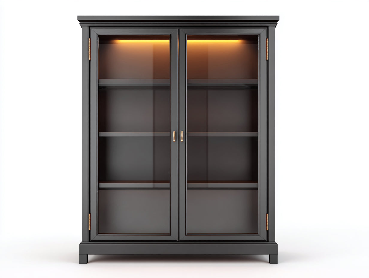 Vitrine 2 portes vitrées en bois et verre 120x40x180 cm - noir - éclairage LED
