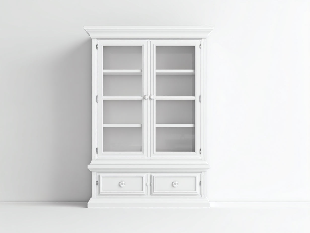 Vitrine à 2 portes vitrées et 2 tiroirs en bois et verre 120x42x180 cm - blanc - style classique