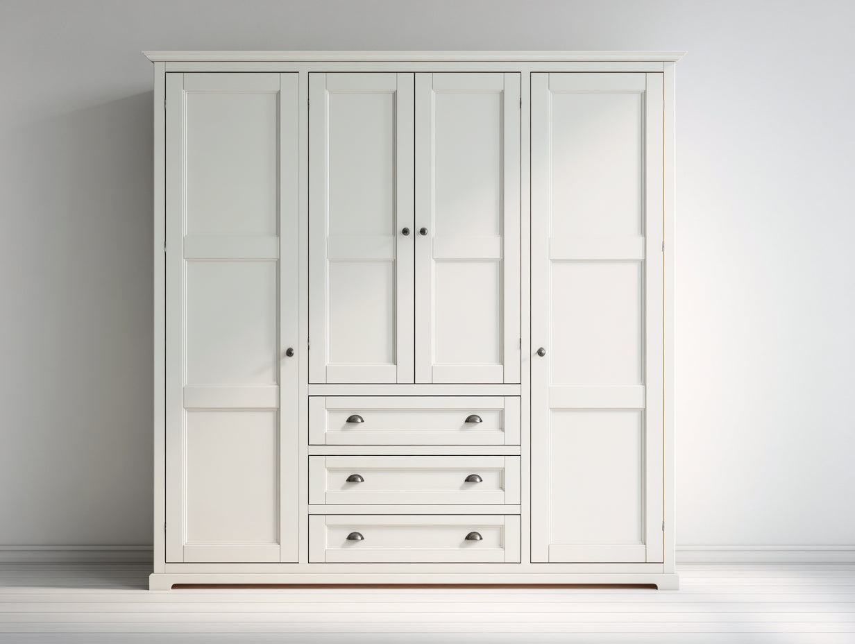 Armoire 4 portes avec 3 tiroirs en bois 200x60x210 cm - blanc cassé - style classique