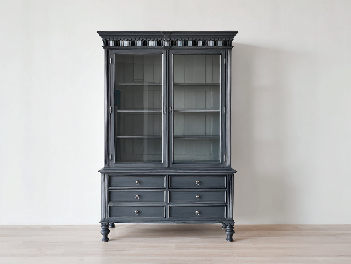 Vitrine 2 portes vitrées avec 6 tiroirs en bois 115x45x200 cm - noir - style classique