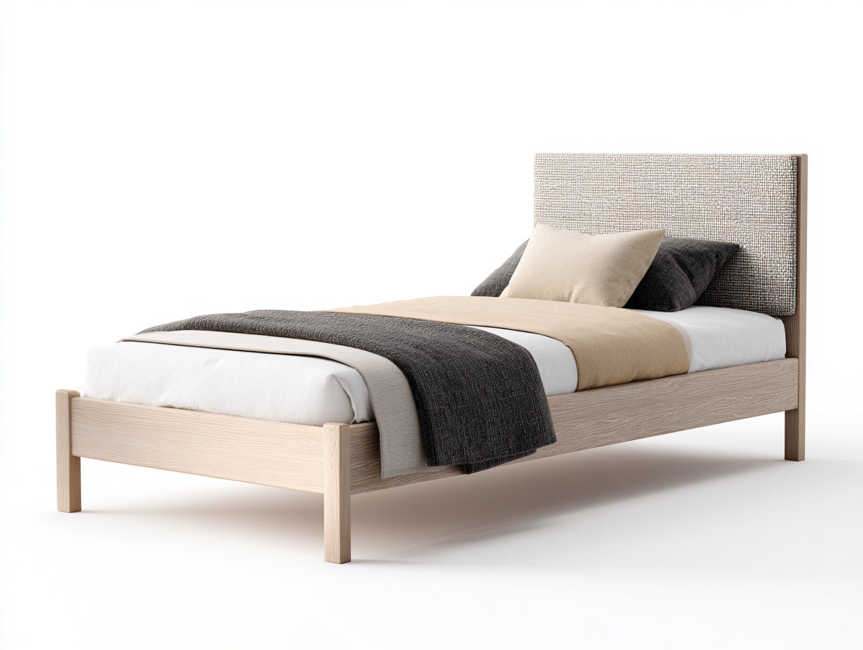 Lit simple en bois et tissu 208x99x94 cm - bois clair-beige - tête de lit rembourrée
