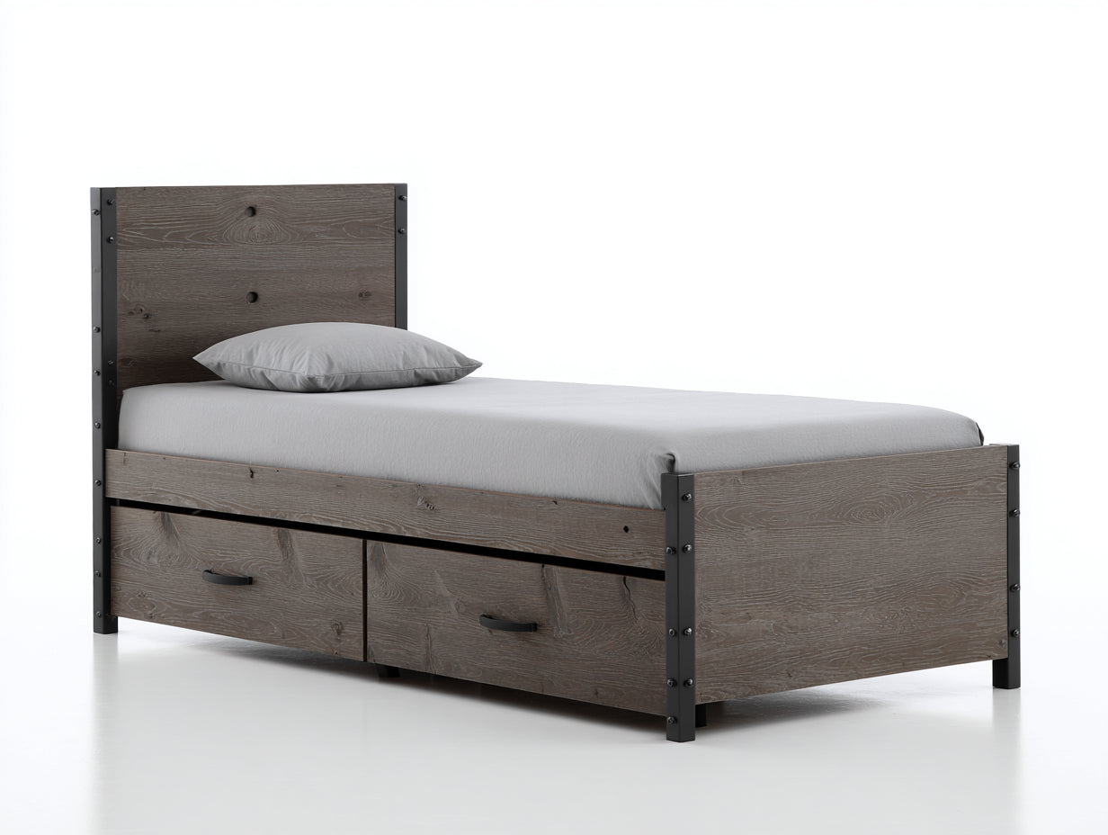 Lit simple avec 2 tiroirs bois d'ingénierie et métal 200x100x110 cm - brun foncé et noir - style industriel pour chambre