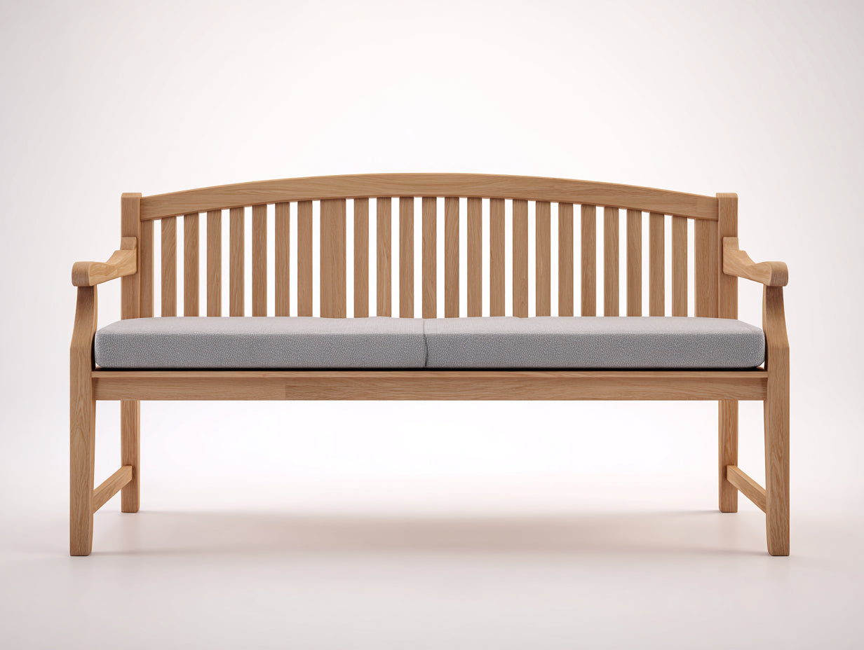 Banc de jardin en bois naturel avec coussin gris 150x60x90 cm - extérieur - style classique