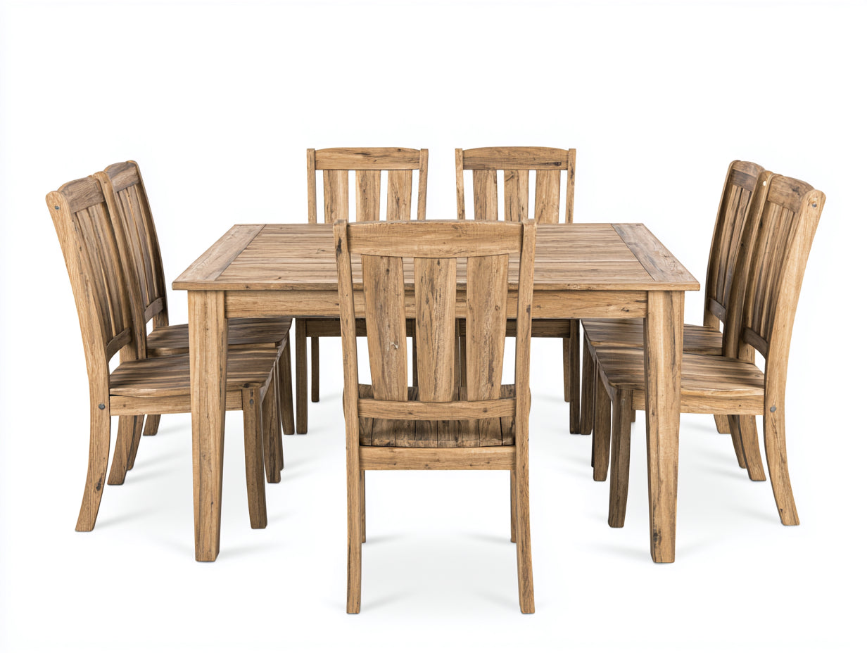 Salon de jardin repas en bois naturel 140x90x75 cm avec 7 chaises - extérieur - style rustique