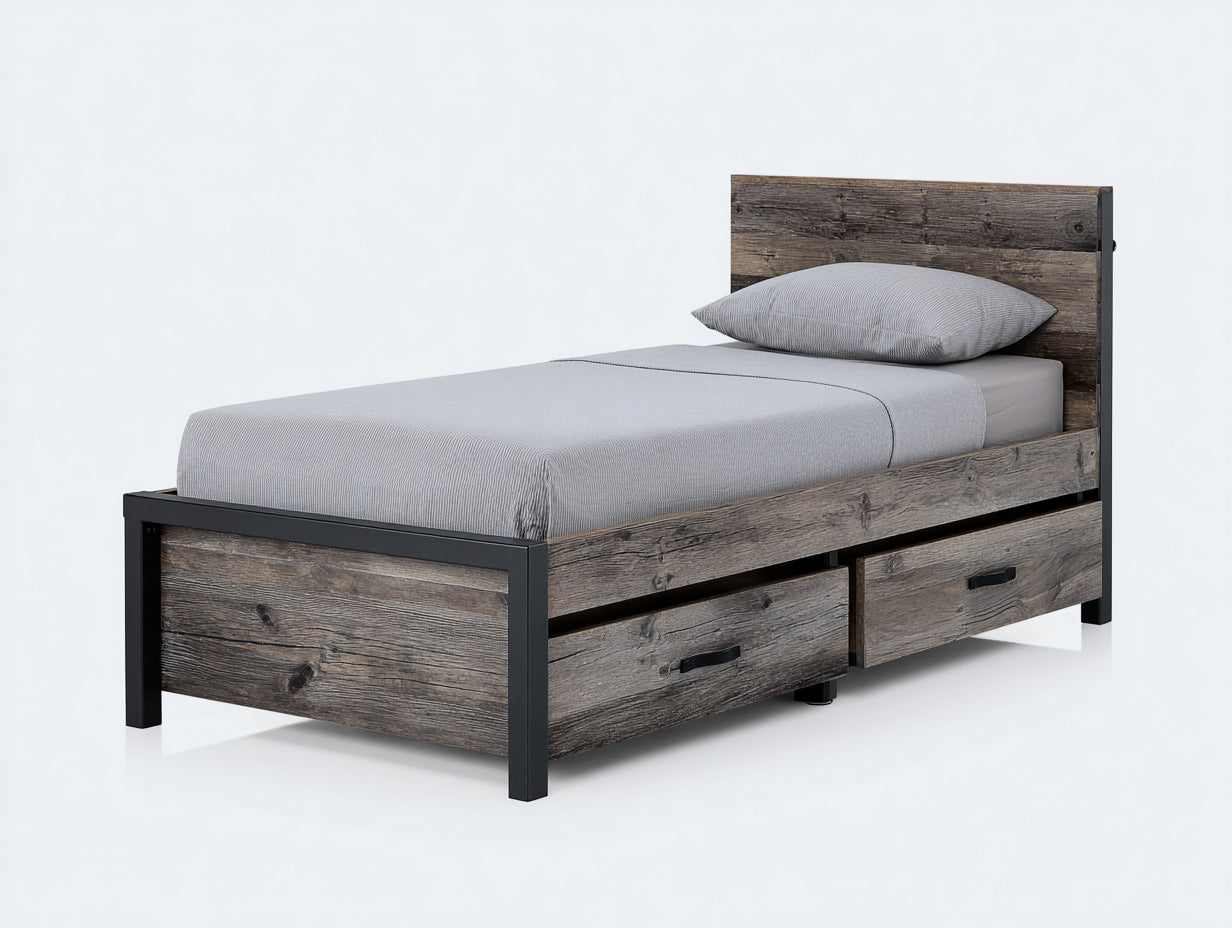 Lit simple en bois d'ingénierie et métal 210x98x96 cm - brun rustique-noir - avec 2 tiroirs