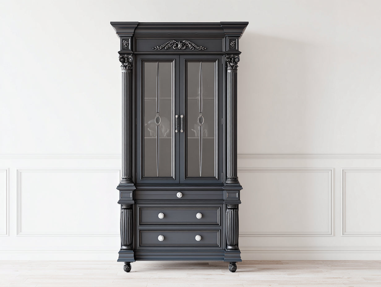 Vitrine en bois et verre noir et argenté 100x45x190 cm - salon - style classique sculpté