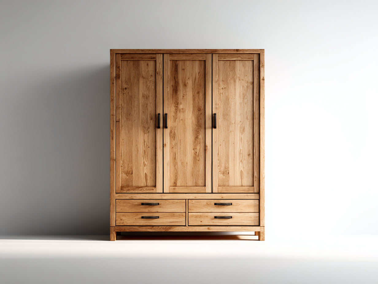 Armoire 3 portes avec 4 tiroirs en bois 150x55x190 cm - bois naturel - style rustique