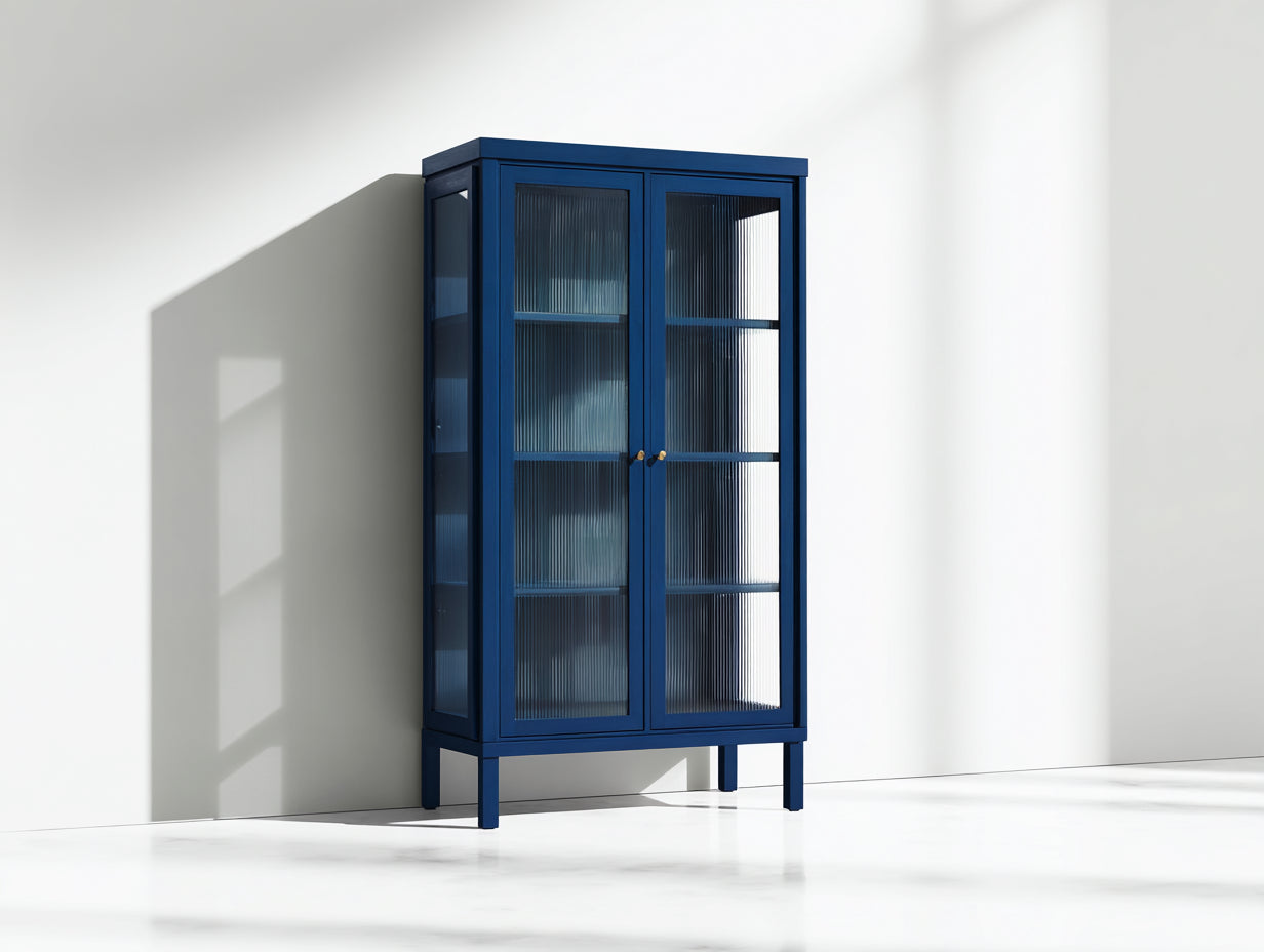 Vitrine 2 portes en bois d'ingénierie et verre strié 90x40x180 cm - bleu marine - rangement moderne pour cuisine