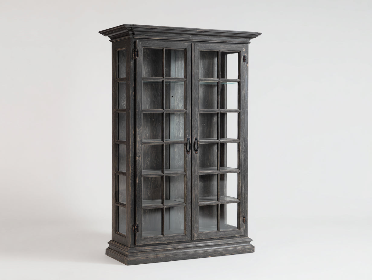 Vitrine en bois et verre noir vieilli 110x42x180 cm - salon - style classique