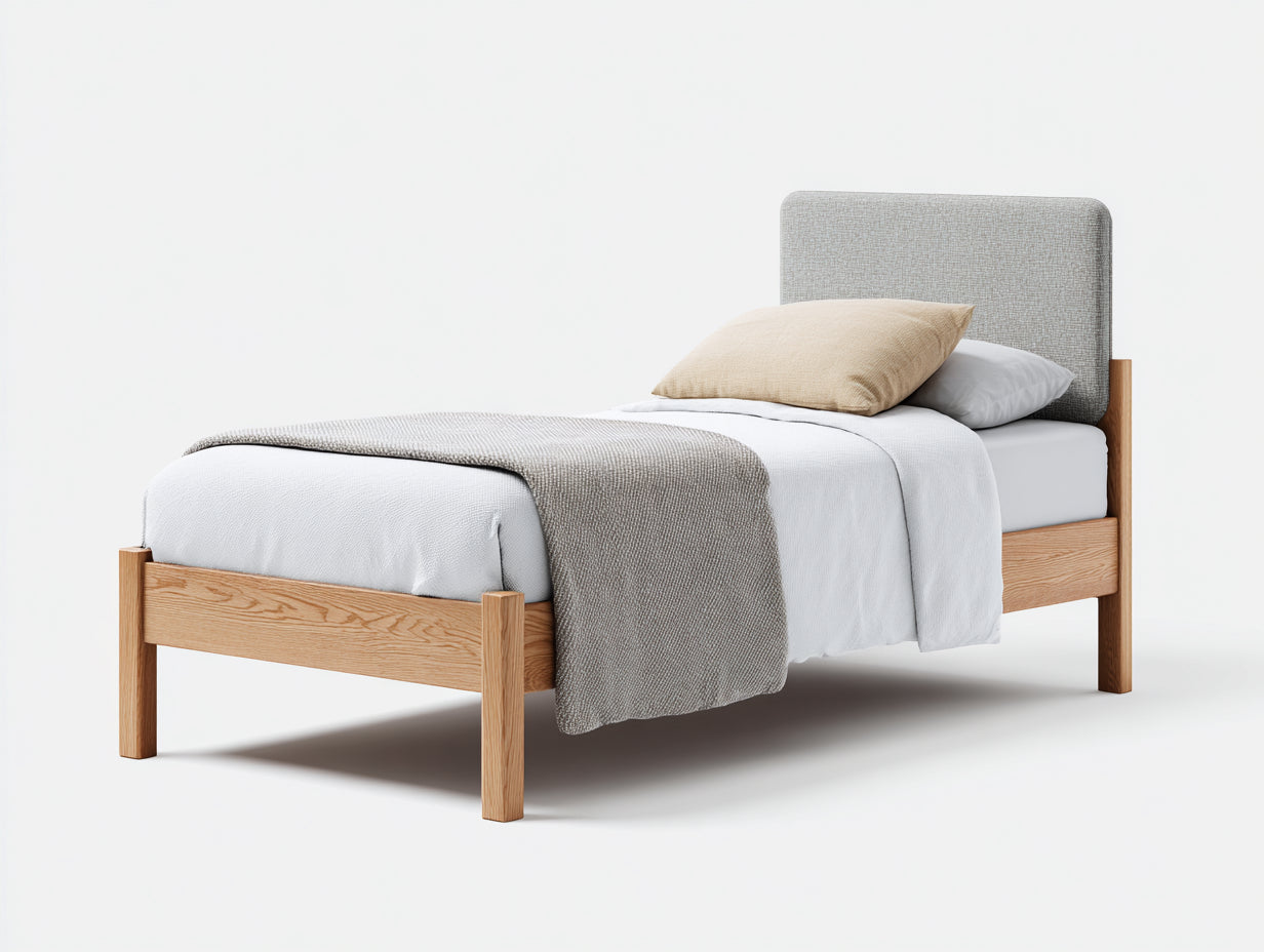 Lit simple en bois et tissu 205x98x92 cm - bois naturel-gris - tête de lit rembourrée