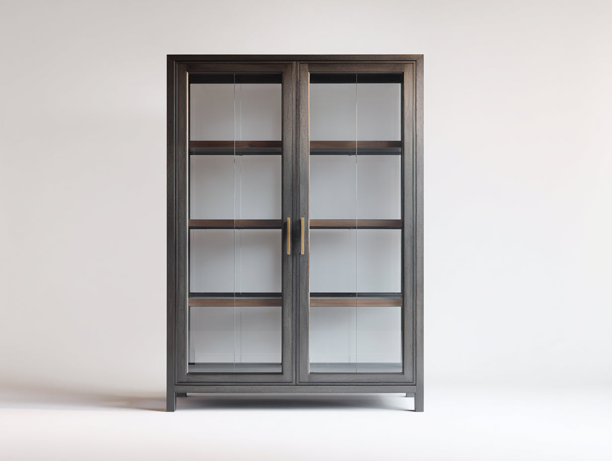 Vitrine à 2 portes vitrées en panneaux de bois et verre 110x40x160 cm - bois foncé-noir - design moderne