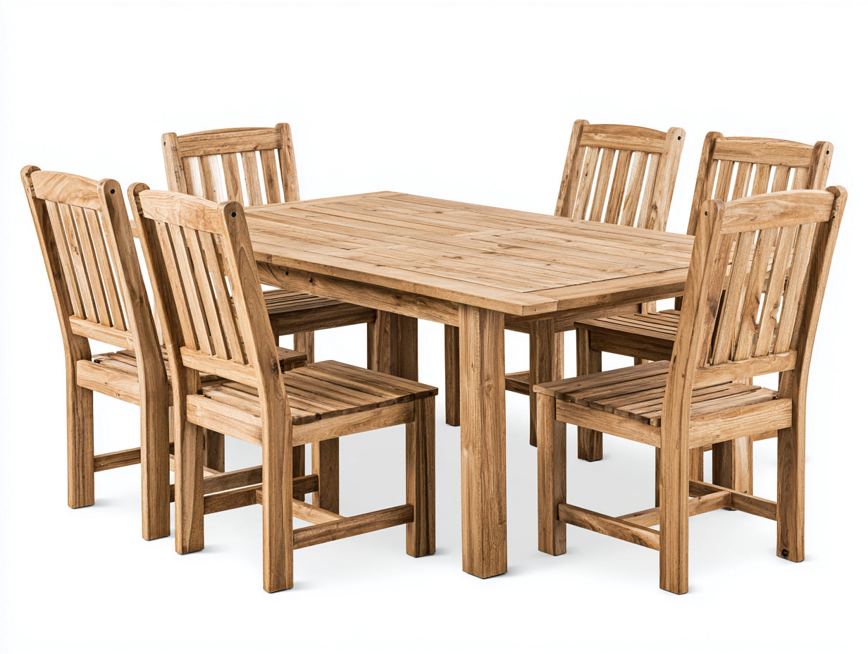 Salon de jardin repas 7 pièces en bois massif - bois naturel brun clair - table rectangulaire et 6 chaises à dossier haut pour extérieur