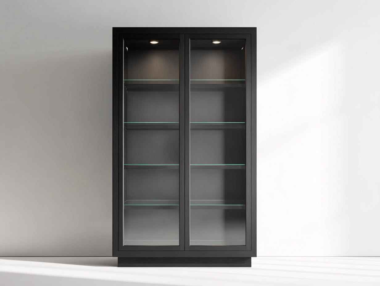 Vitrine 2 portes vitrées en bois d'ingénierie et verre 90x40x180 cm - noir - éclairage intérieur et étagères en verre pour cuisine
